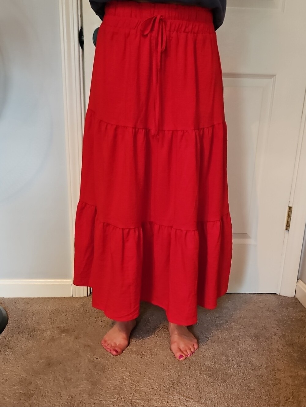 Tiered Red Maxi Skirt with Drawstring Waist